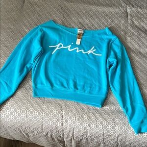 PINK Victoria's Secret Off-the-Shoulder Cropped Sweatshirt in Turquoise Blue